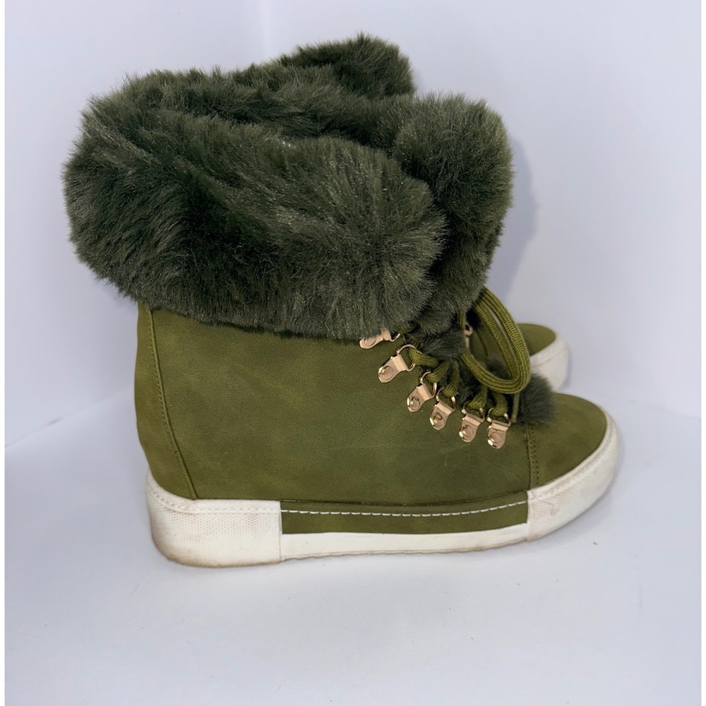 Liliana Wedge Bootie Womens 8.5 Olive Green Faux Fur Lace Up Hidden Wedge Winter - Picture 4 of 11